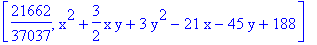 [21662/37037, x^2+3/2*x*y+3*y^2-21*x-45*y+188]